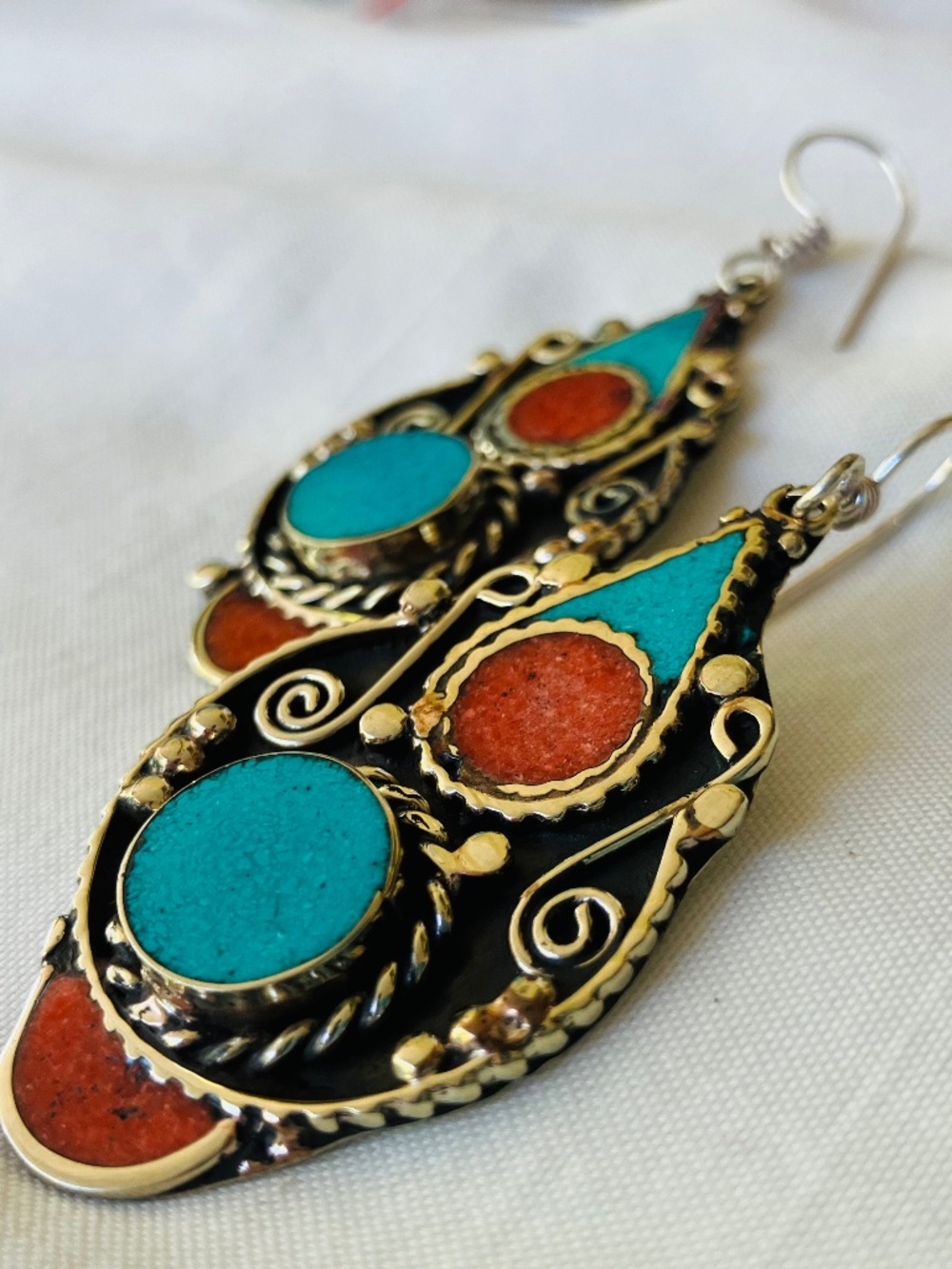 Tibetan-Style Turquoise & Coral Inlay Earrings, Silver-Tone Filigree / Bohemian